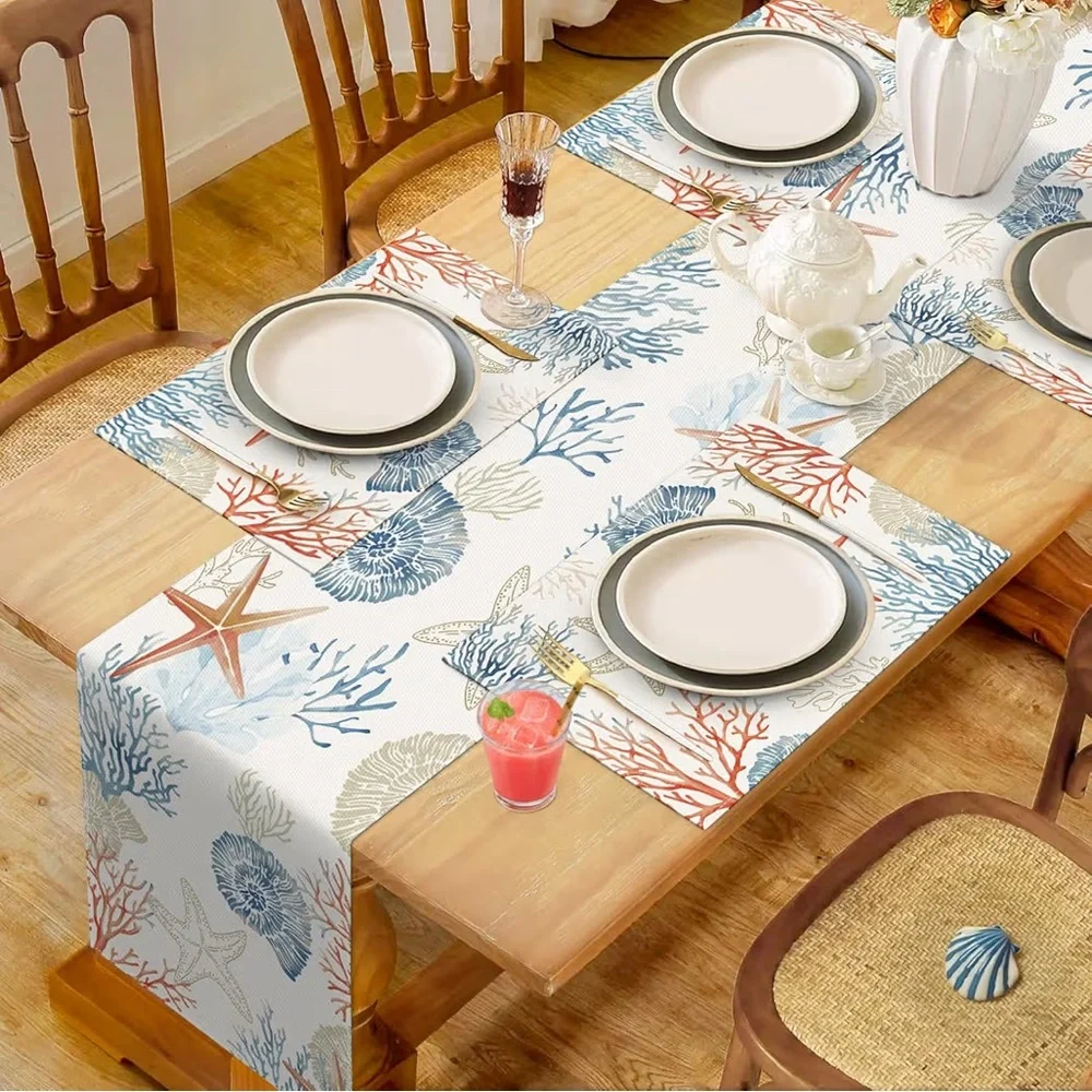 Bonhause Nautical Coastal Table Runner 13x72 Ocean Themed Starfish Coral Conch